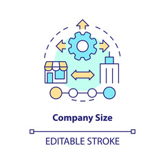 Company size concept icon. Product launch. Choosing release management tools factor abstract idea thin line illustration. Isolated outline drawing. Editable stroke. Arial, Myriad Pro-Bold fonts used