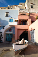 beautiful italian island procida famous for its colorful marina, tiny narrow streets and many...