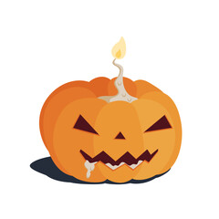 Orange Halloween pumpkin with burning candle and flowing wax, cut out triangular eyes, nose and mouth. Isolated vector picture on a white background..