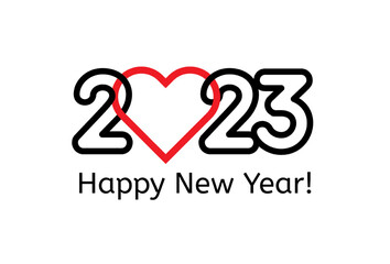 2023 numbers in linear style with heart. Happy New Year event poster, greeting card cover, 2023 calendar design, invitation to celebrate New Year and Christmas. Vector illustration