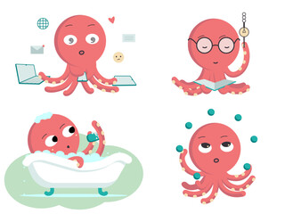 A set of four pictures of red octopus characters bathing, reading, juggling and working. Colored vector flat illustration isolated on white background. © Olha Bodanina