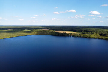 Aerial view of lake and forest. Summer lake, aerial landscape, beautiful nature