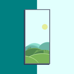 Card picture with a view of the street landscape of mountains and hills in the summer under the sun. Vector illustration isolated on a blue background.