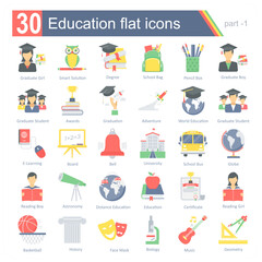 A set of 30 icons for education and learning including distance education, graduation, school and university