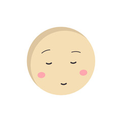 A round yellow emoji with closed eyes and pink cheeks is smiling. Minimalism vector illustration isolated on white background.