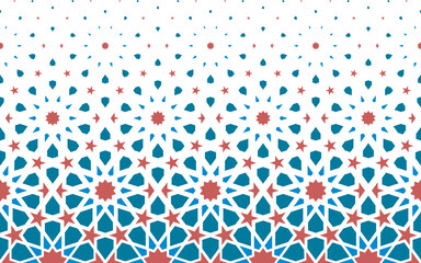 Geometric pattern of color figures on a white background. Seamless in one direction.SCALE method