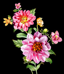 Dahlia Flower Textile Digital Printing Green Background, Watercolor illustration. Textile Digital Flower Design
