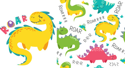 Seamless vector pattern and print for children's products. Bright cute dinosaurs and Roar lettering. 