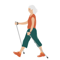 Old woman doing Nordic walking, old man doing sports with sticks, side view. Useful outdoor active recreation, flat vector illustration on white background.