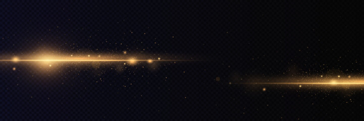 Obraz premium Yellow horizontal lens flares pack. Laser beams, horizontal light rays. Beautiful light flares. Glowing streaks on dark background. 