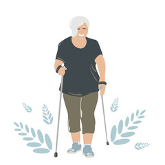 Fototapeta premium Old woman doing Nordic walking, old man doing sports with sticks in sports clothes. Useful active recreation, flat vector illustration on white background.