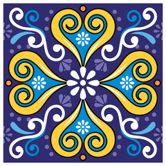 Seamless and single tile vector pattern inspired by talavera art from Mexico, repetitive design with flowers and swirls in navy blue and yellow
