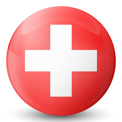 Fototapeta premium Glass light ball with flag of Switzerland. Round sphere, template icon. Swiss national symbol. Glossy realistic ball, 3D abstract vector illustration highlighted on a white background. Big bubble.