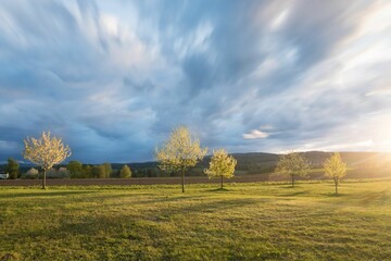 Long exposure shot of a beautiful cloudy sky in front of a green field with trees on a sunny day
