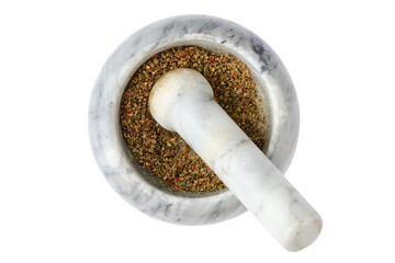 Overhead view of pepper mortar with pestle