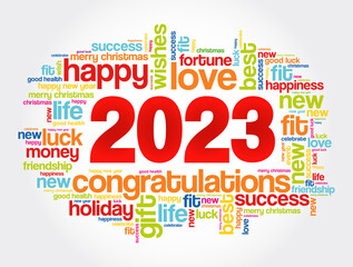 2023 year greeting word cloud collage, Happy New Year celebration greeting card