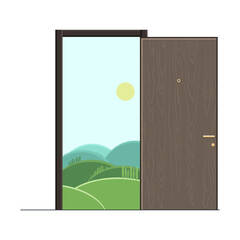 Brown wooden front open door with a view of the street landscape of mountains and hills in summer. Vector illustration isolated on white background.