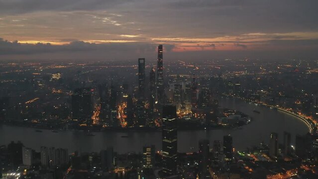 Sunset aerial view of downtown Shanghai, China. Shanghai World Financial Center (SWFC)
