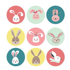 Collection of cute bunny Heads with funny expressions.