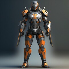 Sci-fi mech soldier on a dark background. Military futuristic robot warrior. Robot mech with orange paint. Front view. 3D rendering - obrazy, fototapety, plakaty