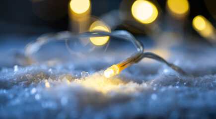 christmas string lights in snow