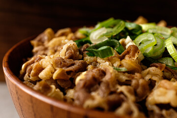 Gyudon, a rice bowl topped with beef and vegetables