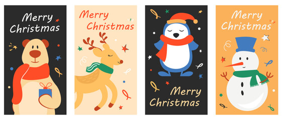 Set of modern hand drawn christmas greeting cards animals and other isolated elements. Vector illustration. 