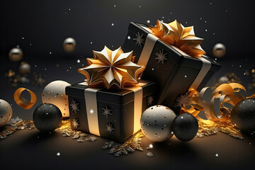 Luxury Christmas background with gifts, Christmas balls, gold ribbons and sparkles. Digital art.