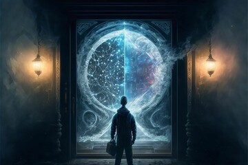 Abstract drawing of a silhouetted man standing in front of a quantum portal connecting all past and future lives - obrazy, fototapety, plakaty
