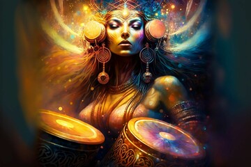 Drawing of beautiful female shaman connecting to the divine spirit