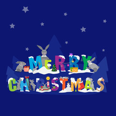 Christmas card with rabbits in different poses on the background of the inscription Merry Christmas sprinkled with snow