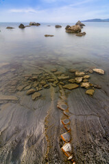 Sea/ocean rock landscape. Black Sea. Lisya Bay. Ridge Echki-Dag. Crimea. Ukraine - 549967183