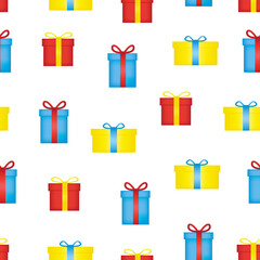 Seamless pattern of colorful gift boxes on white background