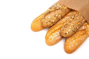 Assortment of baked bread baguette isolated on white background