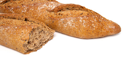 Whole grain bread on white background
