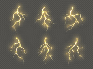 Thunderstorm lightning, thunderbolt strike, realistic electric zipper, energy flash light effect, yellow lightning bolt isolated on dark background. Vector illustration.
