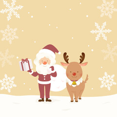 Christmas Illustration of Santa Claus and Reindeer in Snow Field