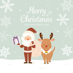 Christmas Illustration of Santa Claus and Reindeer in Snow Field