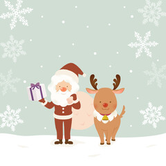 Christmas Illustration of Santa Claus and Reindeer in Snow Field