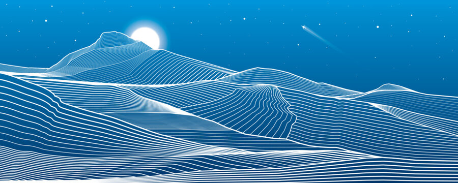 Mountains outline illustration. Night desert landscape. Sand dunes. Moon and stars. Vector design art