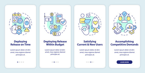 Release management success indicators onboarding mobile app screen. Walkthrough 4 steps editable graphic instructions with linear concepts. UI, UX, GUI template. Myriad Pro-Bold, Regular fonts used