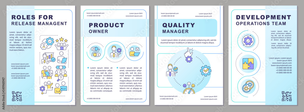 Wall mural Roles for release team work brochure template. Software delivery. Leaflet design with linear icons. Editable 4 vector layouts for presentation, annual reports. Arial, Myriad Pro-Regular fonts used - Wall murals