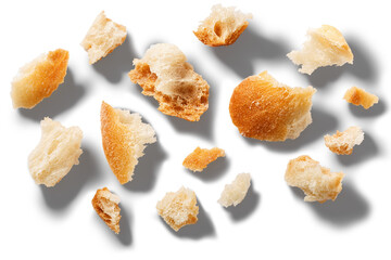 Bread or baguette crumbs, roughly cut or broken pieces top view isolated png