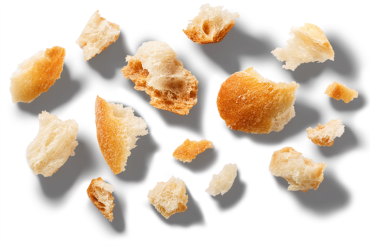 Bread or baguette crumbs, roughly cut or broken pieces top view isolated png