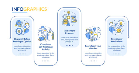 Avoiding confirmation bias tips rectangle infographic template. Data visualization with 5 steps. Editable timeline info chart. Workflow layout with line icons. Lato-Bold, Regular fonts used