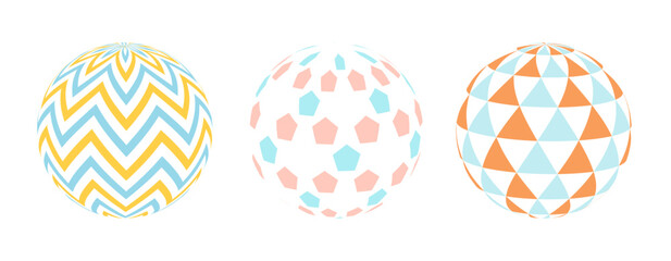 Color balls with lines and patterns. Set of vector striped spheres on white background. Optical illusion.