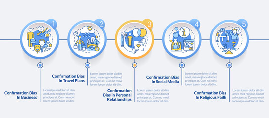 Examples of confirmatory bias circle infographic template. Data visualization with 5 steps. Editable timeline info chart. Workflow layout with line icons. Lato-Bold, Regular fonts used