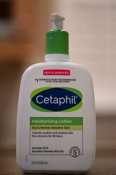 Closeup of the Cetaphil lotion for dry skin and eczema.