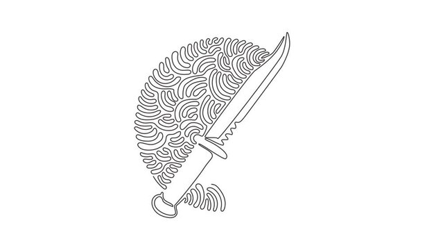 Animated self drawing of continuous line draw marine combat knives. Military combat knife, knife of marine corps and U.S. Navy. Swirl curl circle background style. Full length single line animation