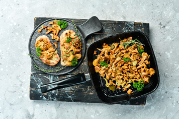 Mushroom dishes and Chanterelle Mushroom Bruschetta. On a stone plate. Free space for text.